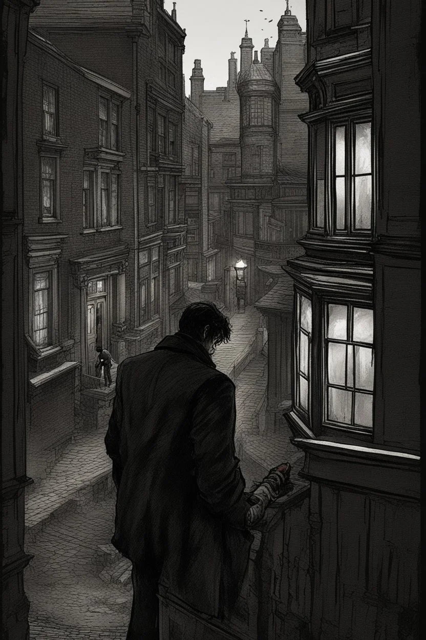 man in dark clothing, hiding around a corner while looking down on a brightly lit Victorian street