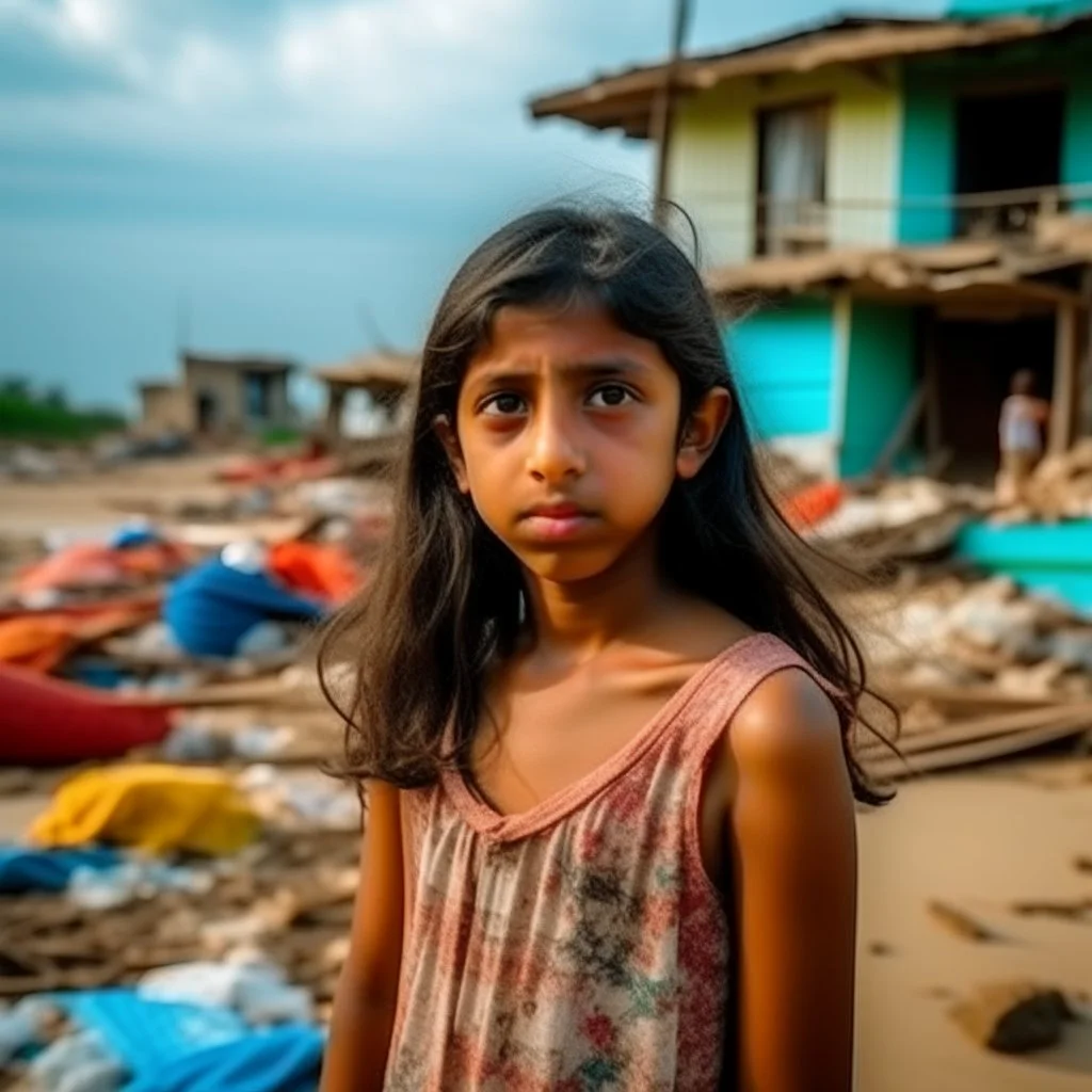 young indian girl frowning very close to camera standing on broken seashore behind there are fragments of house