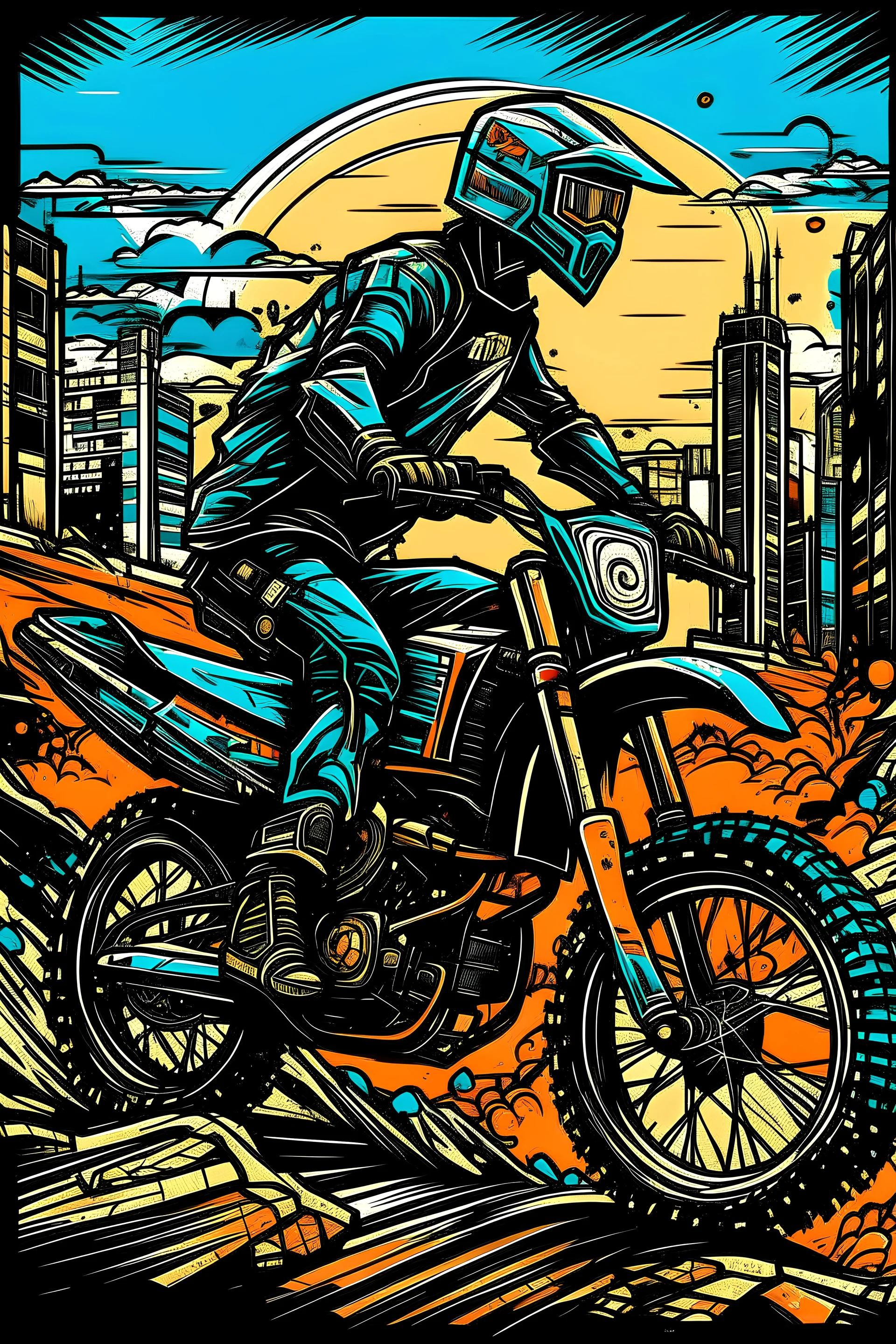 Black 80ies Enduro Motorcycle cruising through an ink-punk styled city, vintage stamp aesthetic, LLart illustration resembling a dynamic comic book panel, vibrant colors, sketched with tiny, intricate details, masterpiece aligning with ArtStation trends, sharp focus, bold high quality, vector style suitable for a t-shirt design, ultra-detailed, high resolution