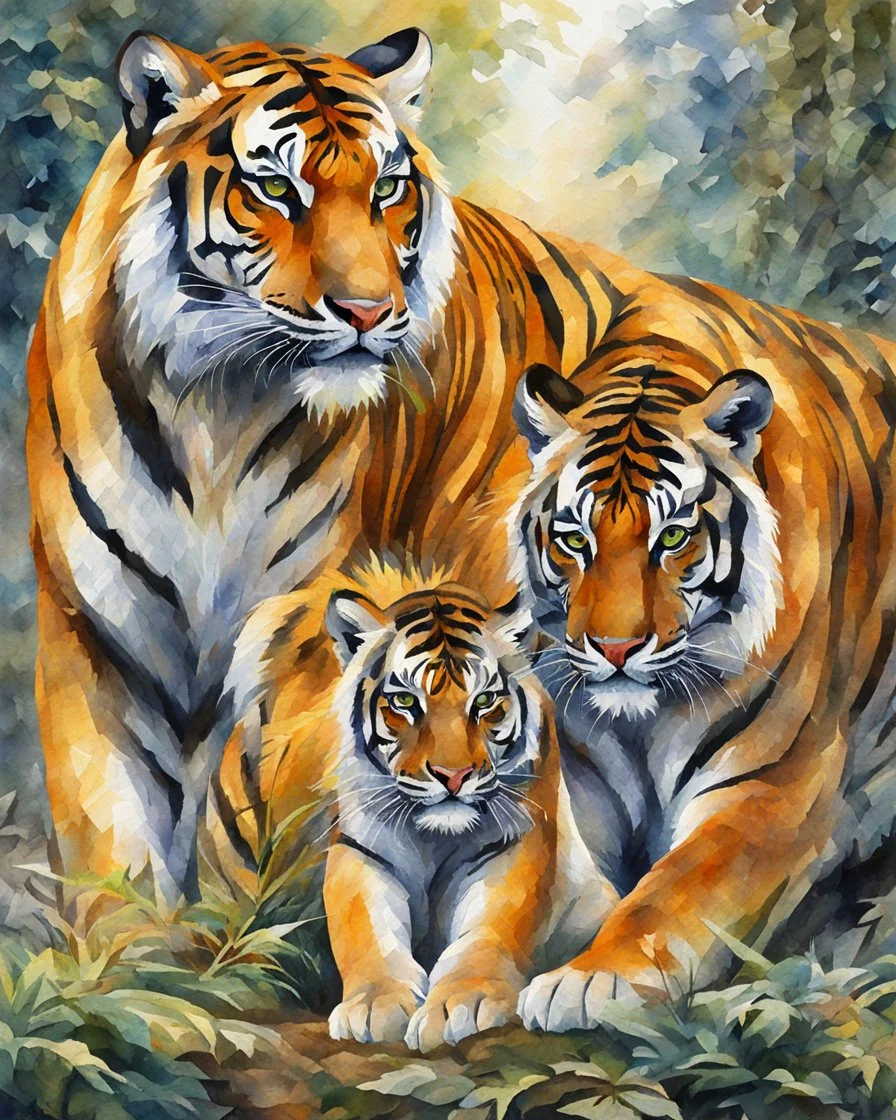 Tigre siberiano con tres cachorros estilo mosaico pintura acuarela calidad ultra, full body, hiperdetallada