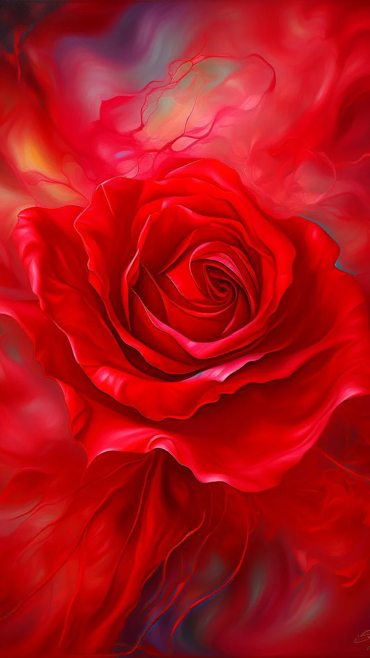 Painterly. Abstract. A Rose in red silk raiments. Anomalous red cloud issuing forth from the heart. Simple yet majestic