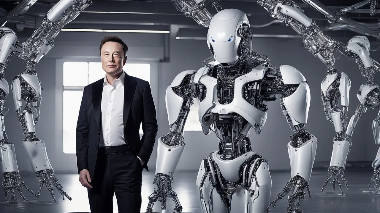 "A captivating image blending the brilliance of tech pioneer Elon Musk with cutting-edge artificial intelligence technologies. Musk is clearly visible, facing the camera with a confident smile that reflects his assurance and enthusiasm. Amidst his face's candid charm, advanced robotic elements are integrated, showcasing the synergy of human ingenuity and AI advancements. This image embodies the perfect balance between humanity and technology, echoing Musk's visionary approach to shaping the futu