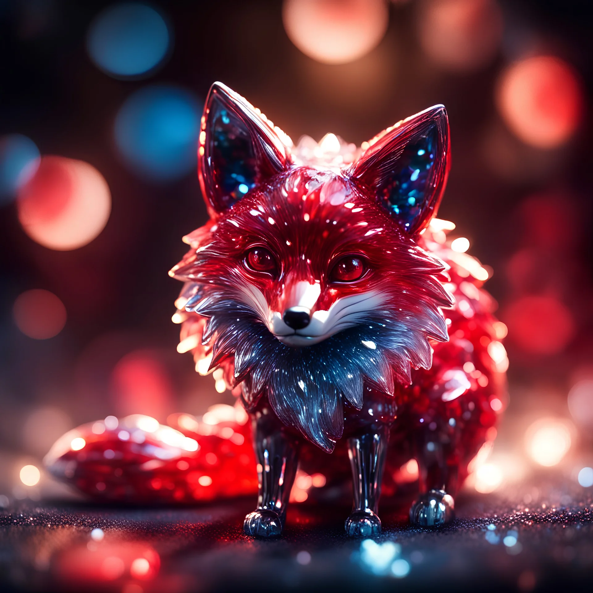 cute red crystal fox made of glass, sharp focus, high contrast, dark tone, bright vibrant colors, cinematic masterpiece, shallow depth of field, bokeh, sparks, glitter, 16k resolution, photorealistic, intricate details, dramatic natural lighting