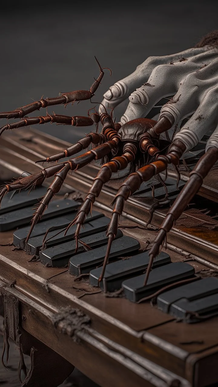 Ugly , Evil rusted hands on an old piano keyboard with spider on the keyboard
