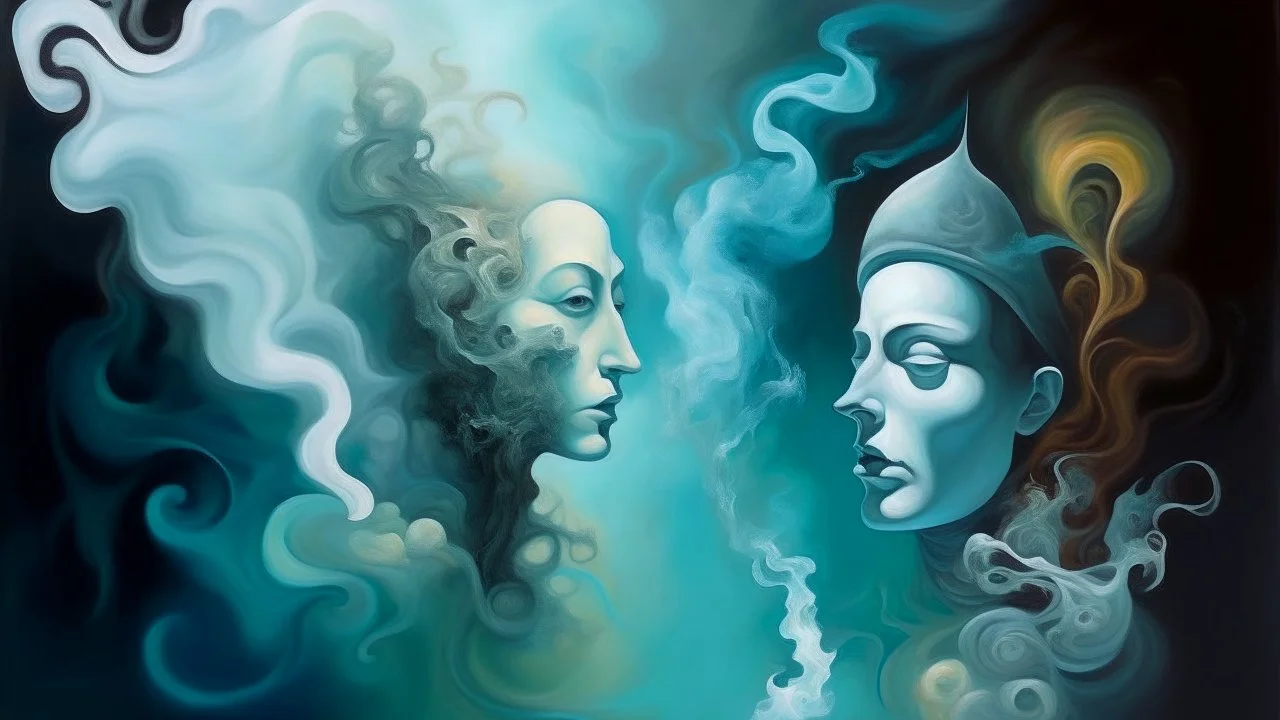 A surrealist oil painting depicting ethereal smoke masks swirling around a mysterious figure