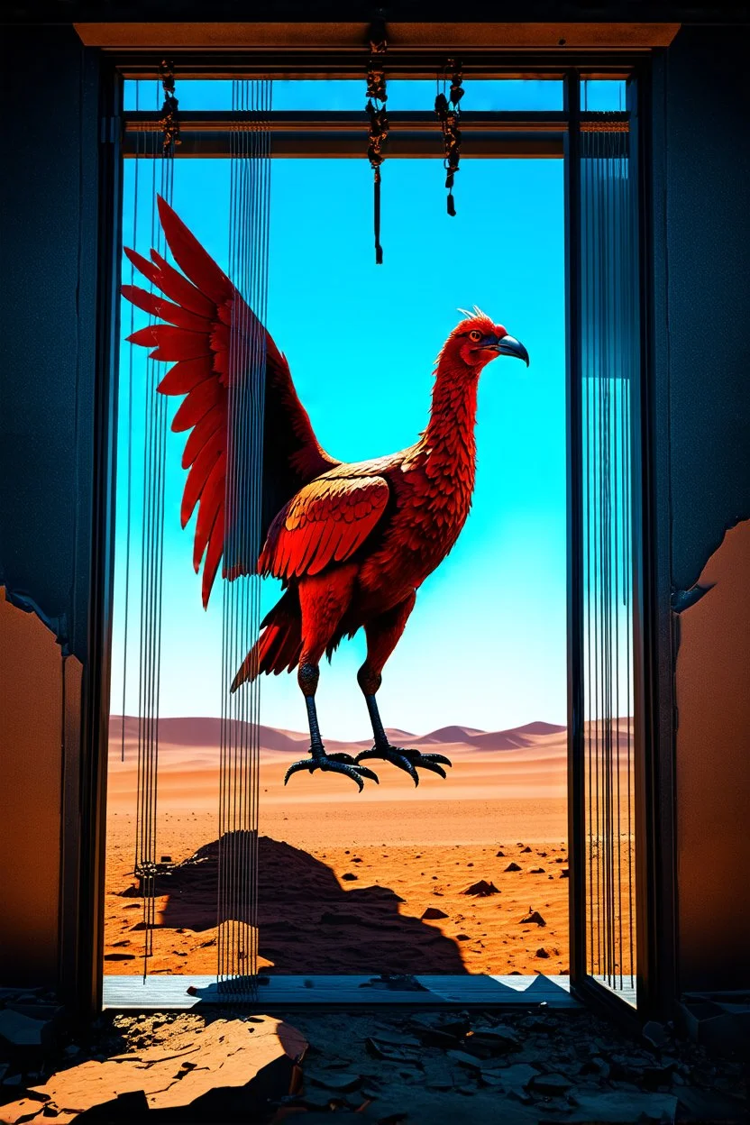 vibrant digital artwork featuring a rusty red mechanical vulture made of scrap metal stepping through an arafed damaged glass door with frame standing ajar, in middle of desert, surreal backdrop, translucent gray afterimages, thin glass panes and wires, amazing reflections, amazing verticals, dramatic, dynamic, double exposure, negative space, liminal space, anxiety vibe, background is blend of gray tones and random splinter glitch fragments in cobalt blue and yellow, unnerving atmosphere