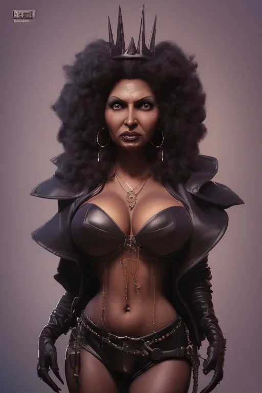 Pam Grier as evil queen in black leather, leather, busty, cleavage, angry, stern look. character design by cory loftis, fenghua zhong, ryohei hase, ismail inceoglu and ruan jia. unreal engine 5, artistic lighting, highly detailed, photorealistic, fantasy