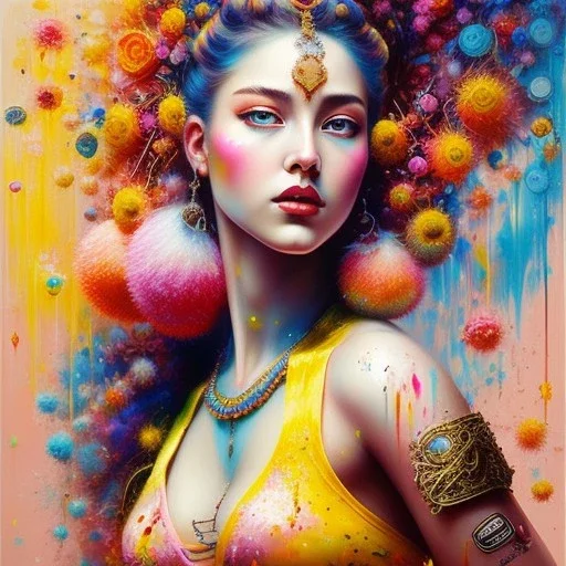 iv_a painting of a young woman, figurative art, an acrylic detailed painting, , brush strokes, paint drips and drabs and splatters by Harumi Hironaka, turquoise pink and yellow, james terrell art, trending on artstation, soft lines,intricate art by bastien lecouffe deharme and greg rutkowski