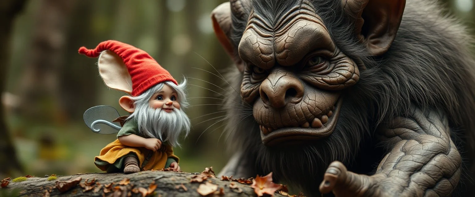 close up on pixie gnome and a giant troll intense huge funny mouse, with background motion blur, in magical forest scene, in the style of Rembrandt