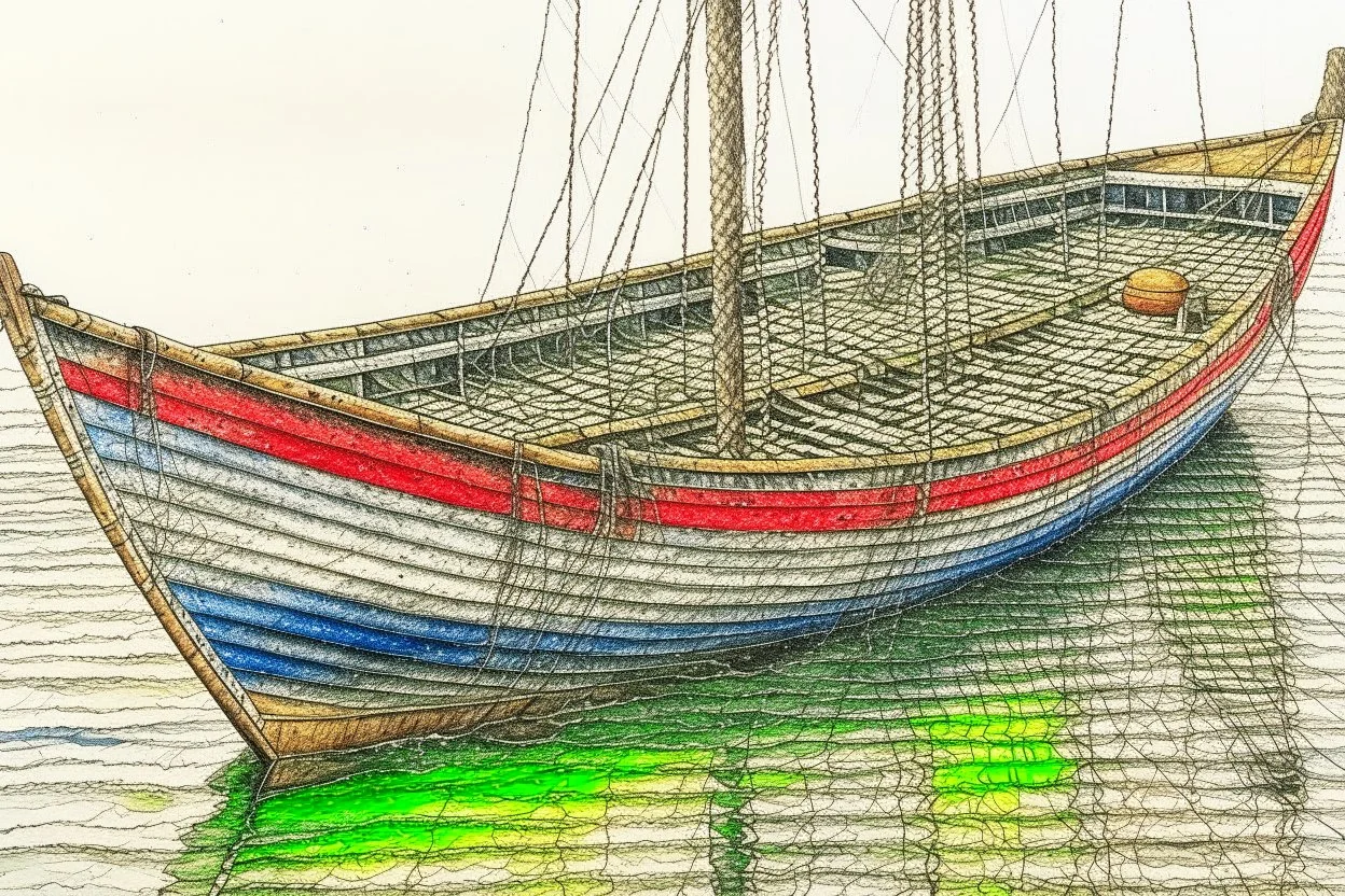 Drawing of a fishersboat, high detail, realistic, pencil drawing, colorfull, small boat, row boat, fishing, fisherman, fishing net.