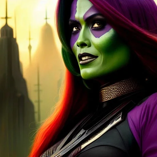 portrait of beautiful busty Gamora painting by Brom , oil on canvas, cinematic composition, extreme detail,fit full head inside picture,8k