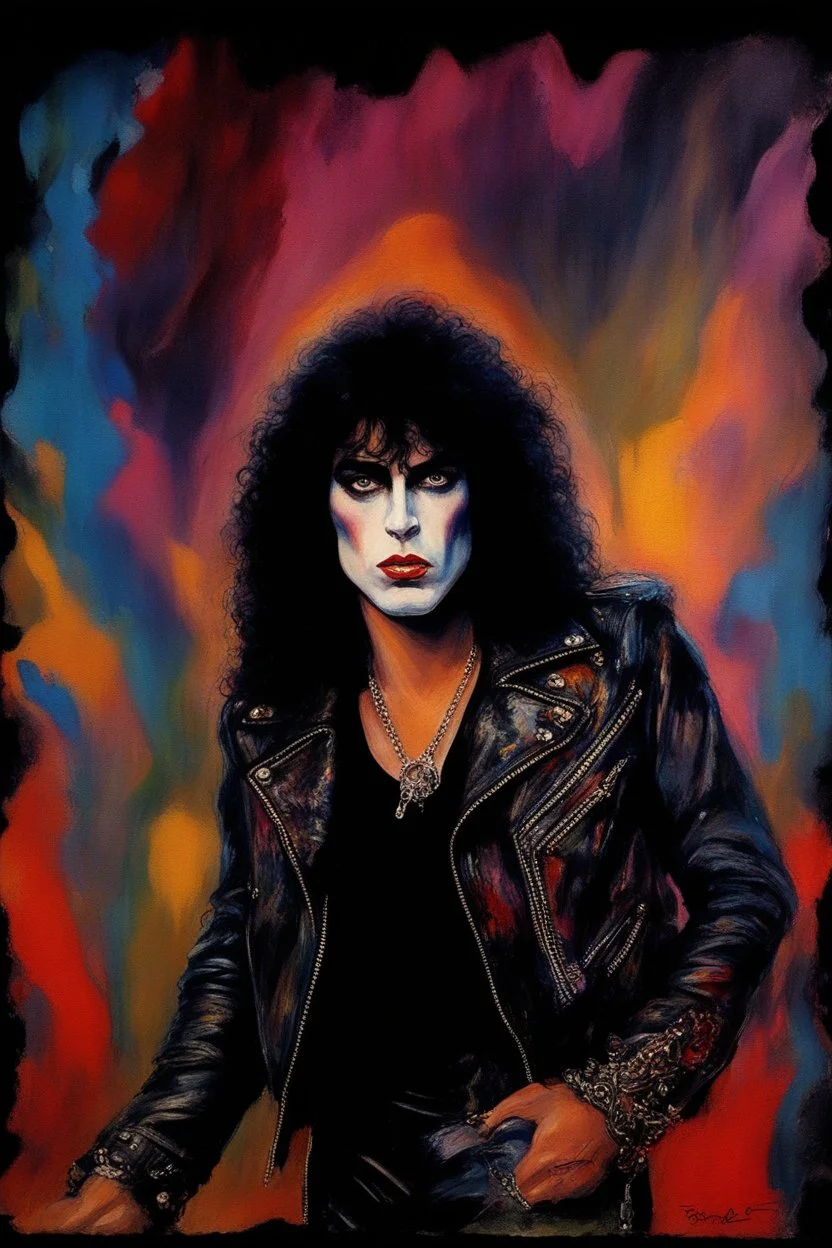 oil painting, text "KISS" - facial portrait with makeup - 20-year-old Paul Stanley with long, wavy curly black 1980's style big hair, wearing a black leather jacket, extremely colorful, multicolored watercolor stained wall in the background - in the art style of Boris Vallejo, Frank Frazetta, Julie bell, Caravaggio, Rembrandt, Michelangelo, Picasso, Gilbert Stuart, Gerald Brom, Thomas Kinkade, Neal Adams - explosions, flames, fog, clouds, dust,