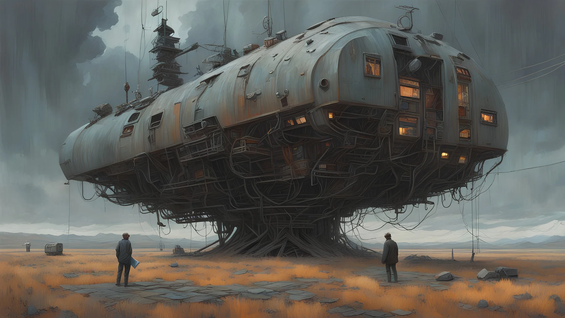 science fiction painting, Denis Sarazhin, Alejandro Burdisio, Alex Colville, Simon Stalenhag, dark ominous sky