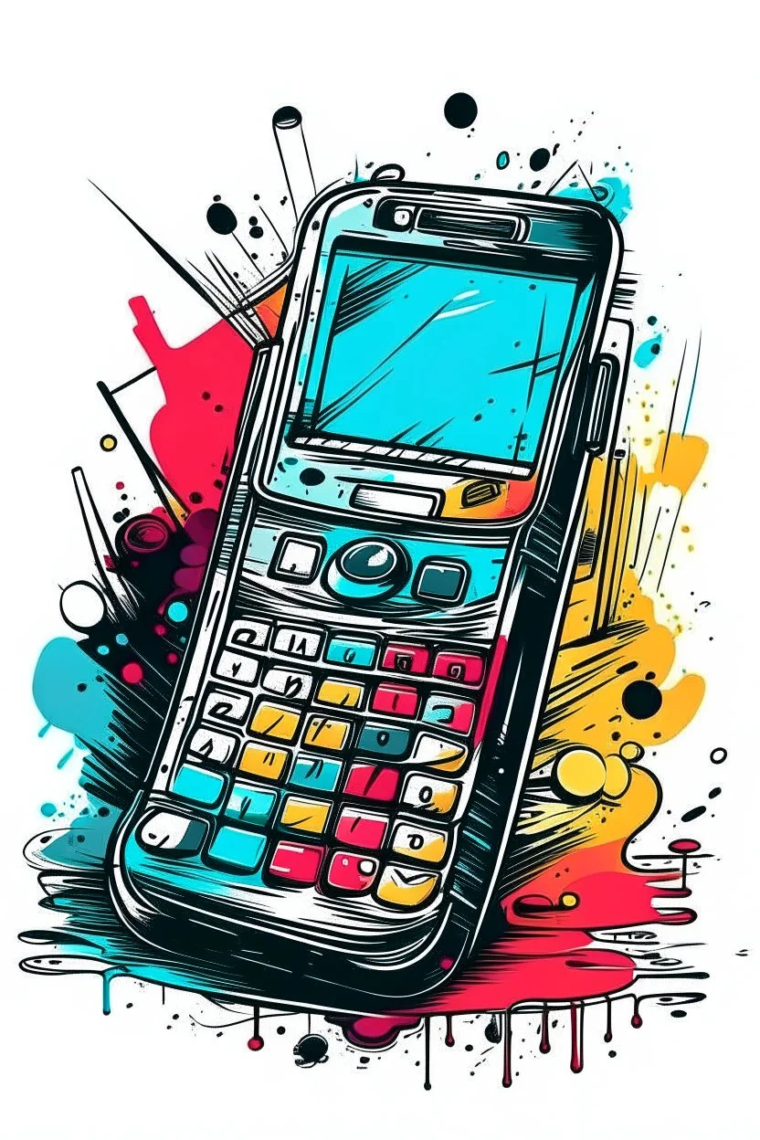 A brightly colored, plastic flip phone with a scratched and chipped exterior is held open, revealing a blurry photo of a concert mosh pit on the screen. Style: Grunge, Mood: Rebellious, Lighting: Harsh stage lights in the background, T-shirt design graphic, vector, contour, white background.