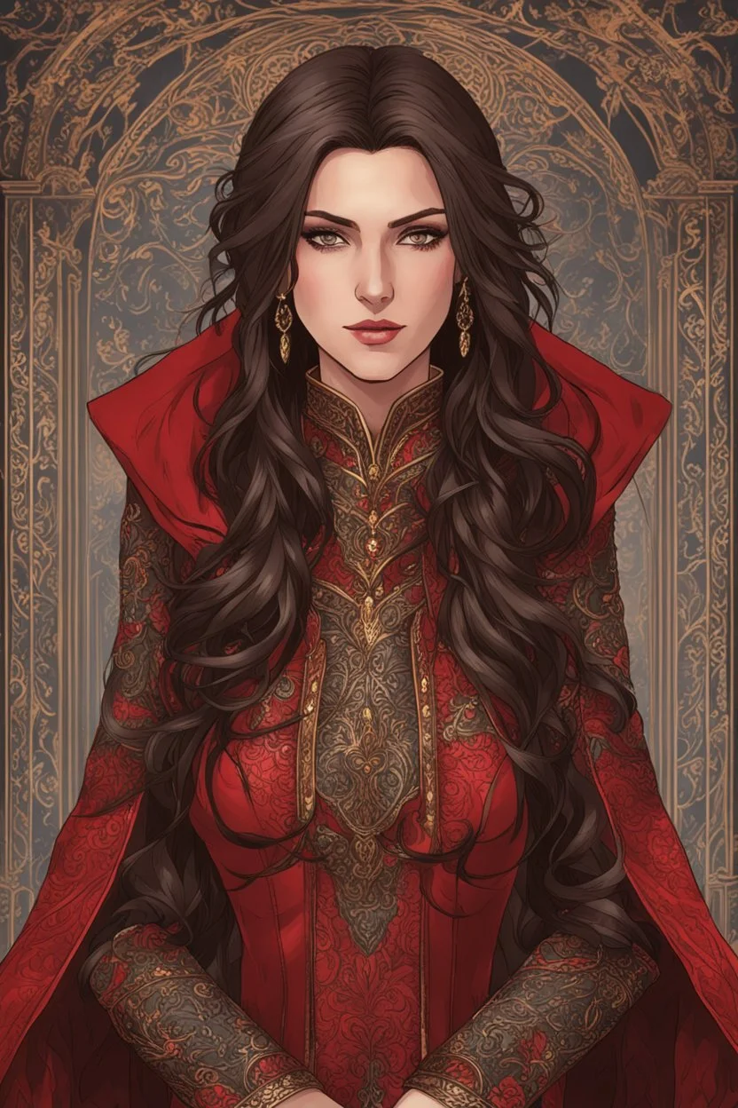 A (((beautiful woman with long, brown hair and red eyes))), in the Witcher universe, anime style, highly detailed, representing a (((royal medieval concubine))), clad in intricate ((red and black clothes)), set against a (detailed, anime-inspired backdrop)