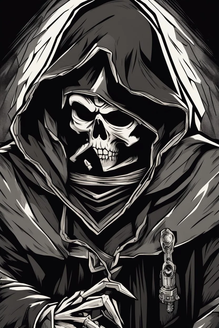 inside a diamond shape, skeletor motu in a black hooded cloak drawn in a retro mascot style, monochromatic