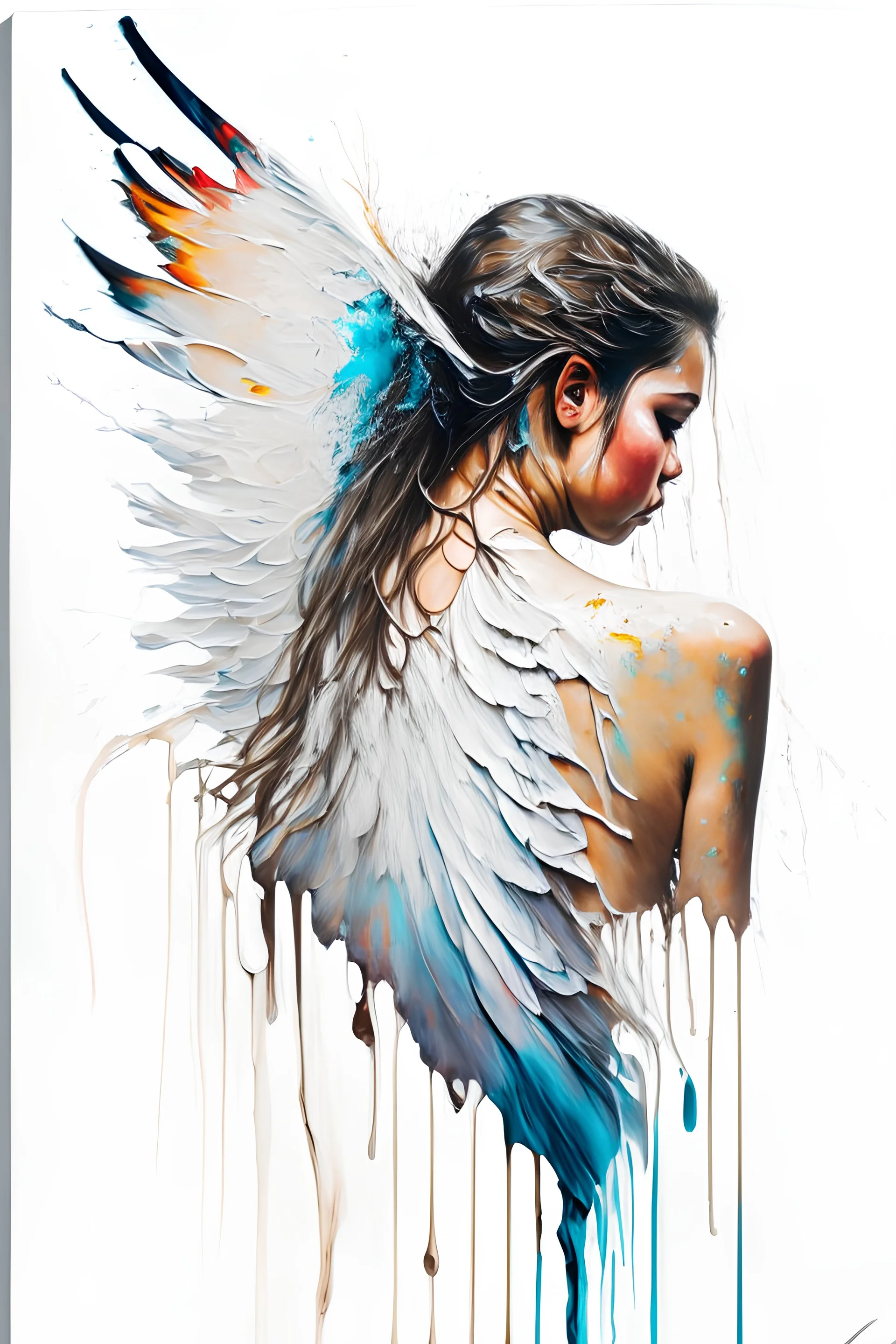 A detailed illustration of a beautiful young female human with growing out of her back. Her skin, hair and face are all made of paint. Her wings are spread. Highly detailed flawless facial features and eyes. Abstract Oil painting splash art. White background, wide angle, abstract design, beautiful, thick flowing paint strokes, dripping paint, fantasy art, modern art, ((soft happy complimentary colors,)) modern aesthetic, focused on the character, 4K resolution.