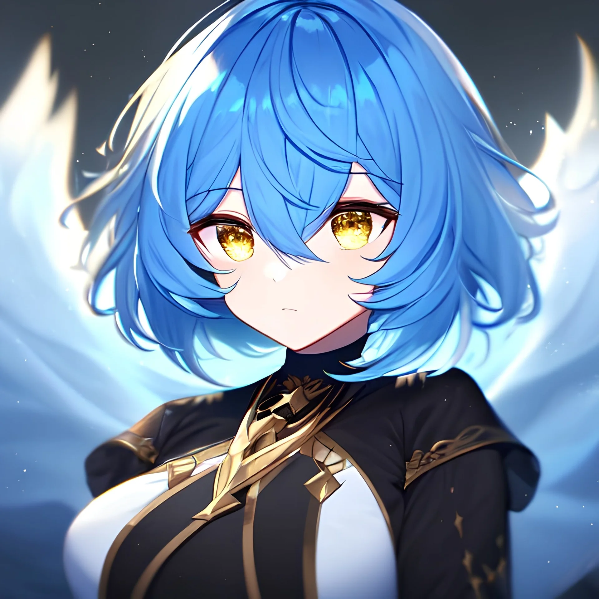 Clear focus, High resolution, short light blue fluffy hair, hair between eyes, yellow eyes, wearing black magma shorts, detailed outfit, blue and black outfit, gold accessory, female