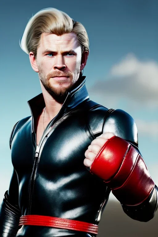 retro portrait image from 1960, sky background, wind, extra long blonde hair, fighting stance, young Chris Hemsworth, clean shave face, black dress, classic long tight lycra black suit, red cap, platinum lycra with scales on the arms, gold bracelet and belt, high boots, soft color, highly detailed, unreal engine 5, ray tracing, RTX, lumen lighting, ultra detail, volumetric lighting, 3d, finely drawn, high definition, high resolution.