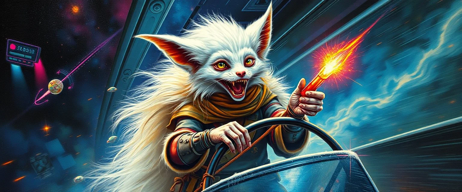 master oil painting by Rembrandt, scary ai sami white fox gremlin woman captain on space bus through space neon comet shower , space water fall, motion blur background, goa trance poster