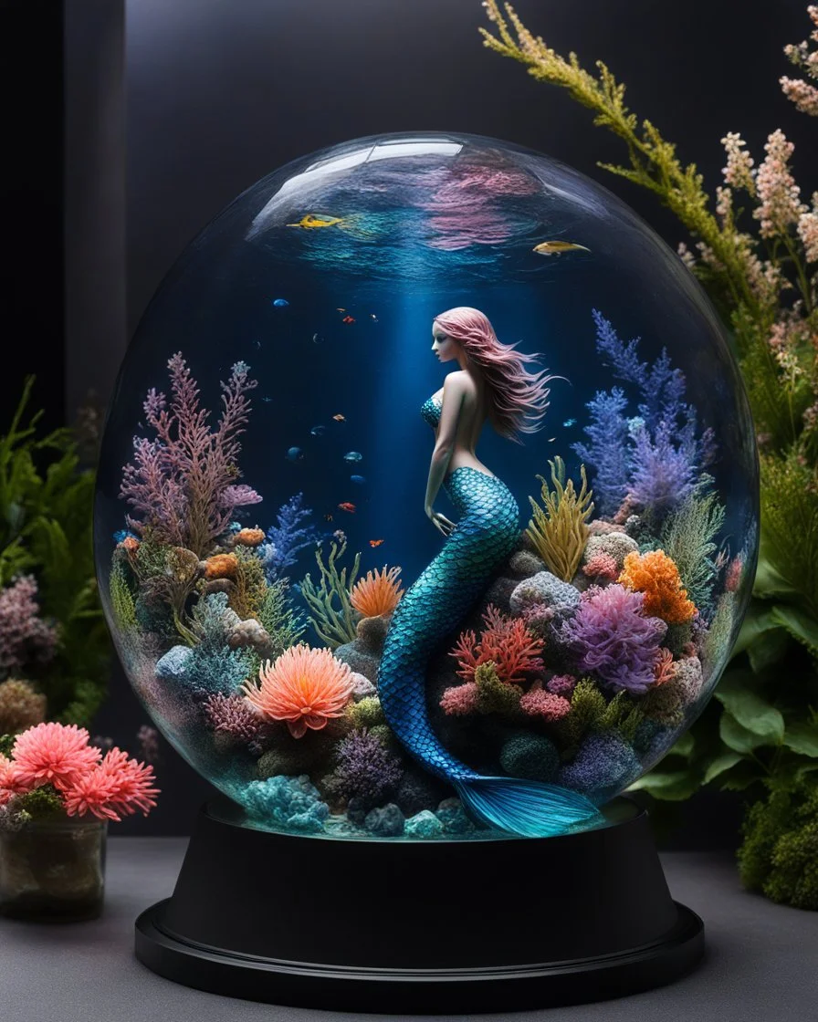 an beautiful mermaid swimming in glass ball underwater aquarium on a display,glass flowers, high quality product image ,coral reef, flora and fauna, cosmic nebula, dark background christian dior style, with frozen flowers around her, stunning-design, beutifull, side profile artwork, glass paint, multicoloured, displayed, backlight