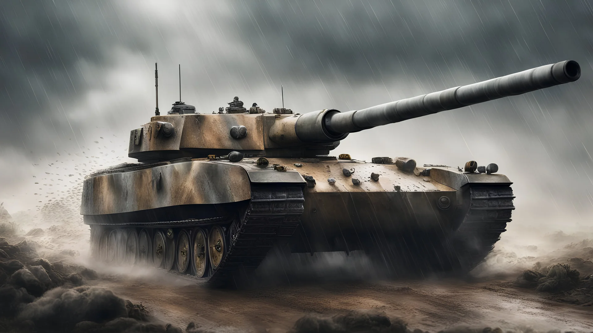 WW2 TIGER TANK races towards the viewer, seen from ground level. The tank has a large gun and machine gun. The tank looks scary and powerful. It is pouring with rain. Photo realistic, epic, cinematic, full colour.