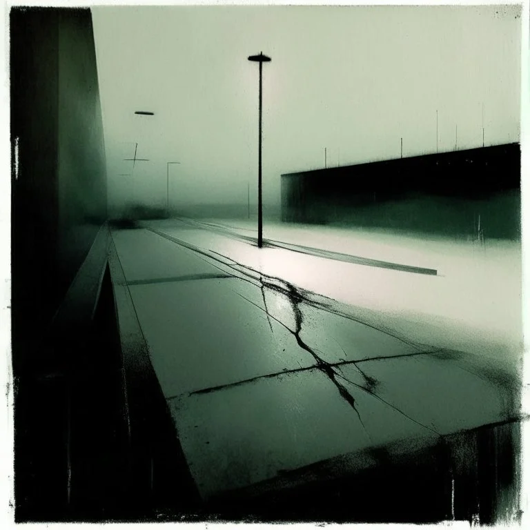 Minimal abstract oil paintings of a desolate concrete 1960s carpark. Road with distant Blurry lights. On the floor are concrete fragments and road markings . In the dark mysterious style of Justin Mortimer and Francis Bacon.