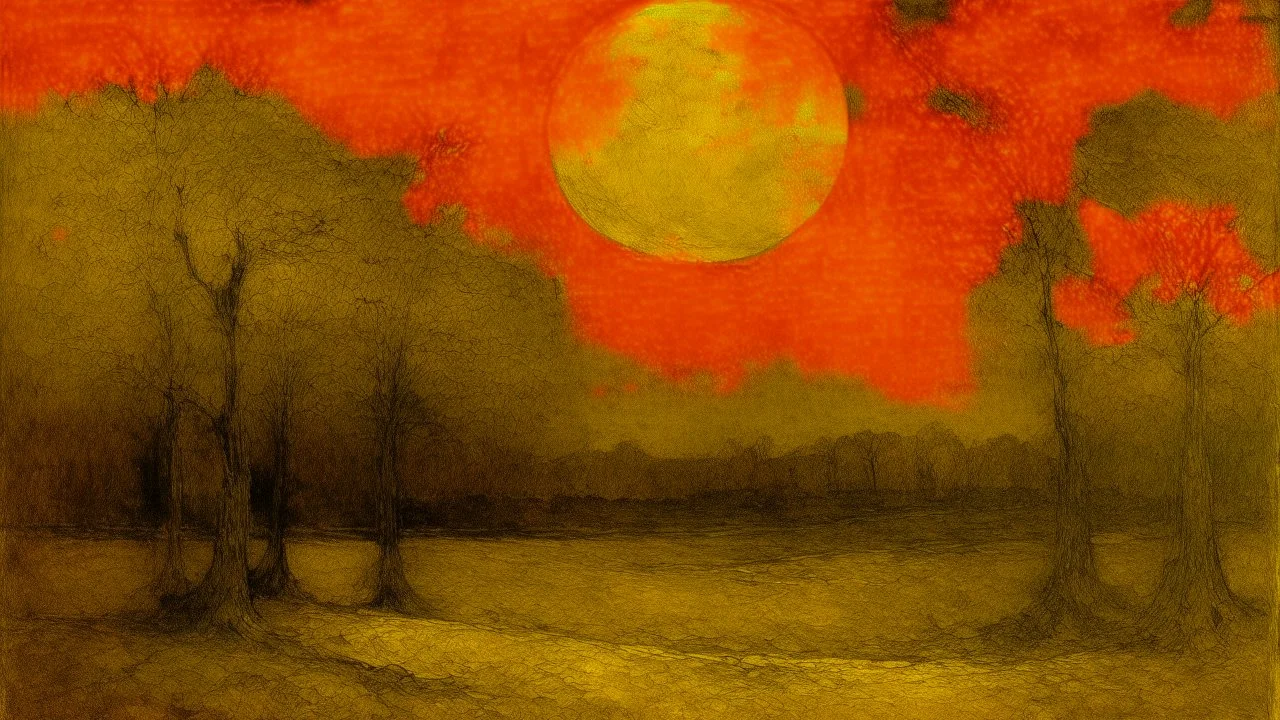 A dark yellow realm with lasers designed in Heidrun manuscripts painted by Albert Pinkham Ryder