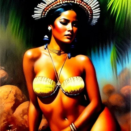 Drawing of 'Cigarette Card - Female Tribal Ticê',painting by Earl Norem, simon Bisley,frazetta,西嘛哒, evan lee, Vallejo,kelly oil on canvas, cinematic composition, extreme detail,fit full head inside picture,8k