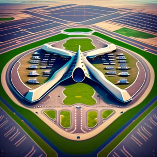 Symmetrical aerial view of an ant-shaped airport, spectacular, impressive, ultra quality, maximalist, 8k 3D