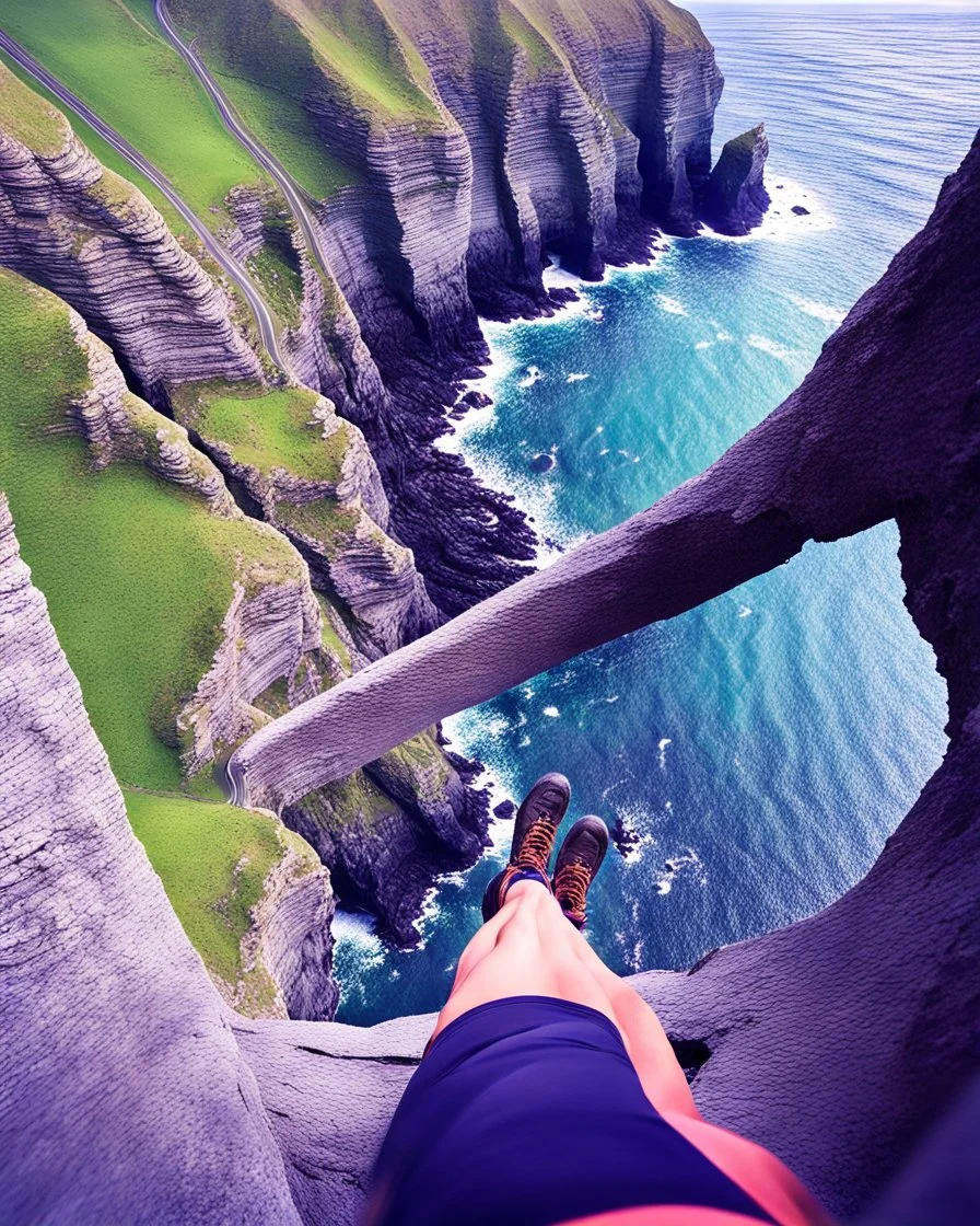 from the point of view of a rock climber, look down at the ocean rocks below as you climb high into the bluffs of ireland. holding on to the cliff face, the ocean below storms and swirls around a giant whirlpool, a great pit in the ocean