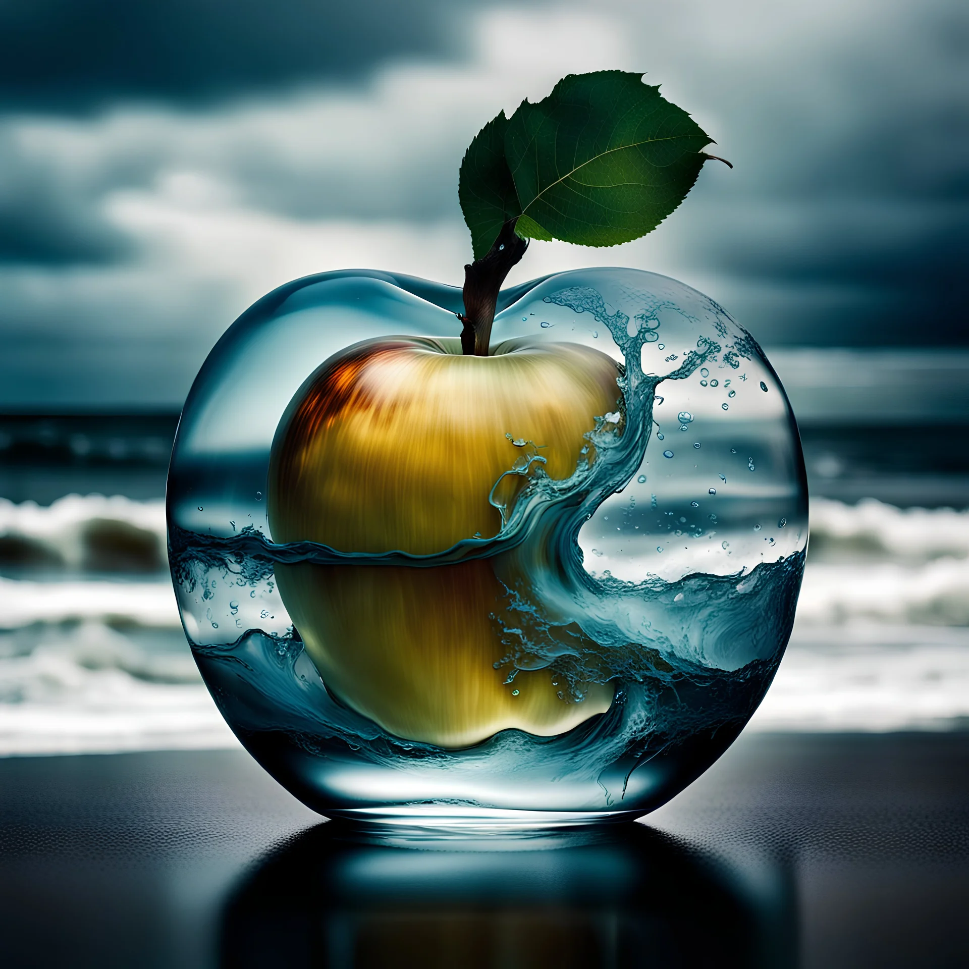 lovely double exposure image by blending together a stormy sea and a glass apple.The sea should serve as the underlying backdrop with its details subtly incorporated into the glossy glass apple,sharp focus,double exposure,glossy glass apple,(translucent glass figure of an apple) (sea inside) lifeless,dead,glass apple,citrine colors,decadence,intricate design,hyperrealistic,high definition,extremely detailed,dark softbox image,raytracing,accurate lighting,cinematic,HDR,photorealistic