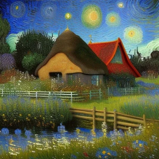 cottage , in the fields, Lake, airbrush, flowers by Van Gogh