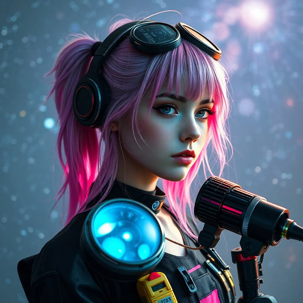 a pretty cyberpunk astronomer girl, coloured hair