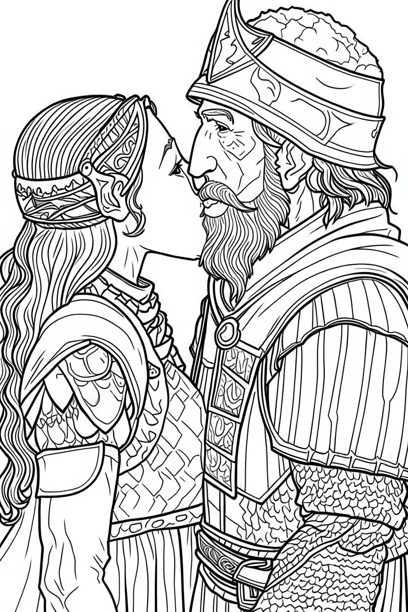 Fantasy coloring page, minimal detail. HD. Woman kissing an older male knight with a beard. No background detail.