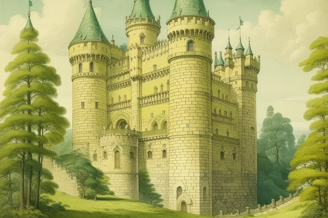 A pale greenish yellow castle made out of bricks painted by Henri Robert-Bresil