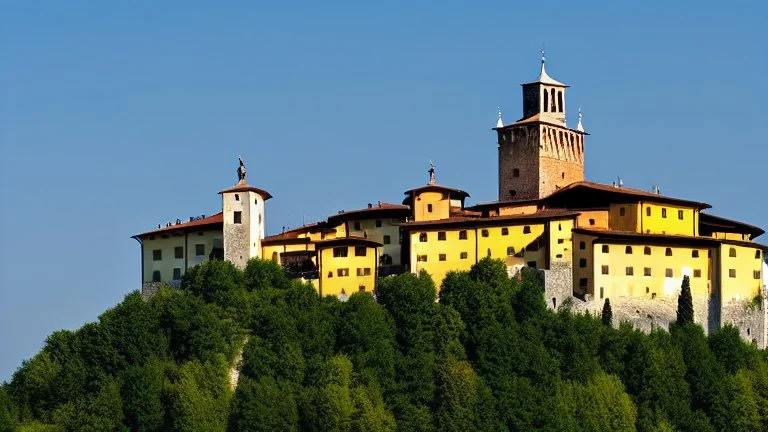 Huge medieval monastery at the top of a hill in northern Italy