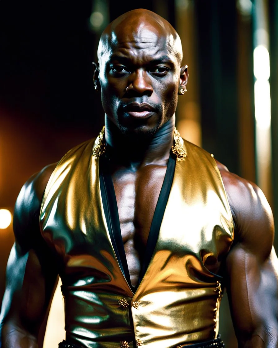 Adewale Akinnuoye-Agbaje x Yul Brynner as a handsome dark skinned and muscular heavy set man with a bald head and neatly trimmed beard. he is wearing a leather waistcoat and no shirt. he has a gold earing in his left ear. modern setting