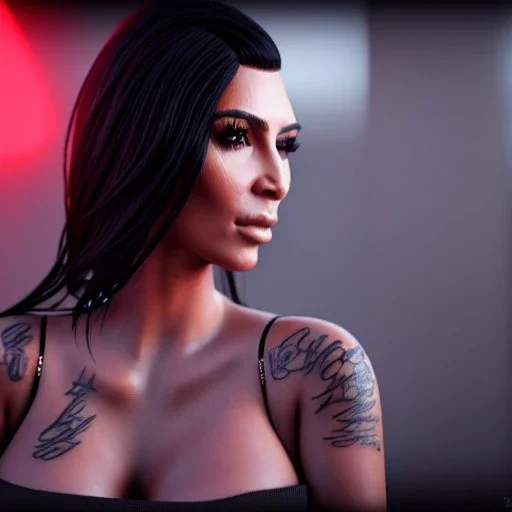 Kim Kardashian in a skirt with tattoos cyberpunk very detailed cinematic unreal engine photo realistic