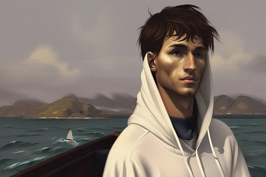 Modern man in a boat wearing hoodie by Andrea del Sarto