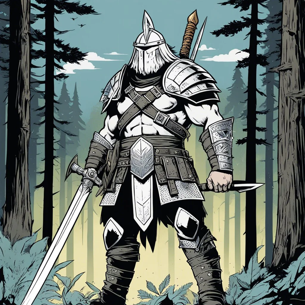 [comics Head Lopper style by Andrew MacLean] a barbarian ranger in armour: The air crackles with energy as he stands tall, his backback on his back and his broad sword in front of him like a banner of defiance. in the border of the forest