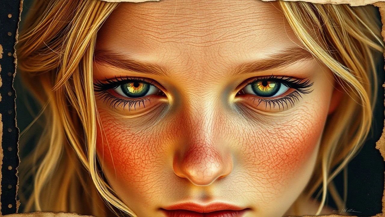 old paper worn edges, Fantastic blonde - mother nature, her skin is scales, golden tears, hyperrealism, sharp focus, 8K, hyperrealist, ultra HD, textured textures, alcohol ink, fine rendering,