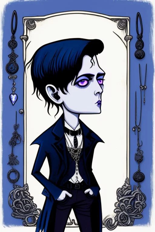 black haired blue eyed young man necromancer with gothic jewelry in the style of charles addams