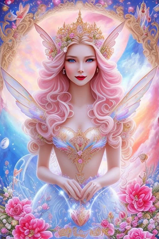 Magnifique woman, lady fairy, facing happy, voluptuous white, pink enchanted flowers, wings magic, long big dress, pink outerspace stars planets, Beautyful smiling, young woman, long hair amazing blue eyes, flowers, happy cosmic, bright colors, blue, pink, gold, jewels, realistic, photo real, clear sunny background, highly detailed, high contrast, 8k high definition, unreal engine 5, extremely sharp detail, light effect, sunny light background