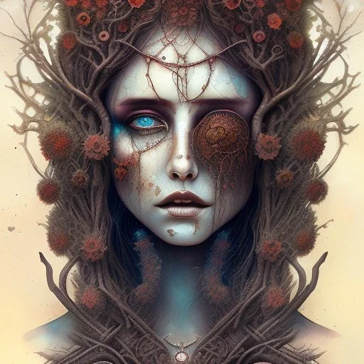 watercolor illustration ,singer Danish MØ, intricate detail , rusty metal, Dryad, sidhe, ominous, portrait,high lighting,