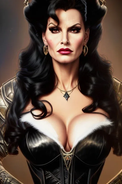 painting of lisa ann as evil queen in black leather, feminie, angry, stern look on her face, volouptous, busty, cleavage, emperious, mature, highly detailed, digital painting, artstation, concept art, smooth, sharp focus, illustration, art by gaston bussiere and alphonse mucha