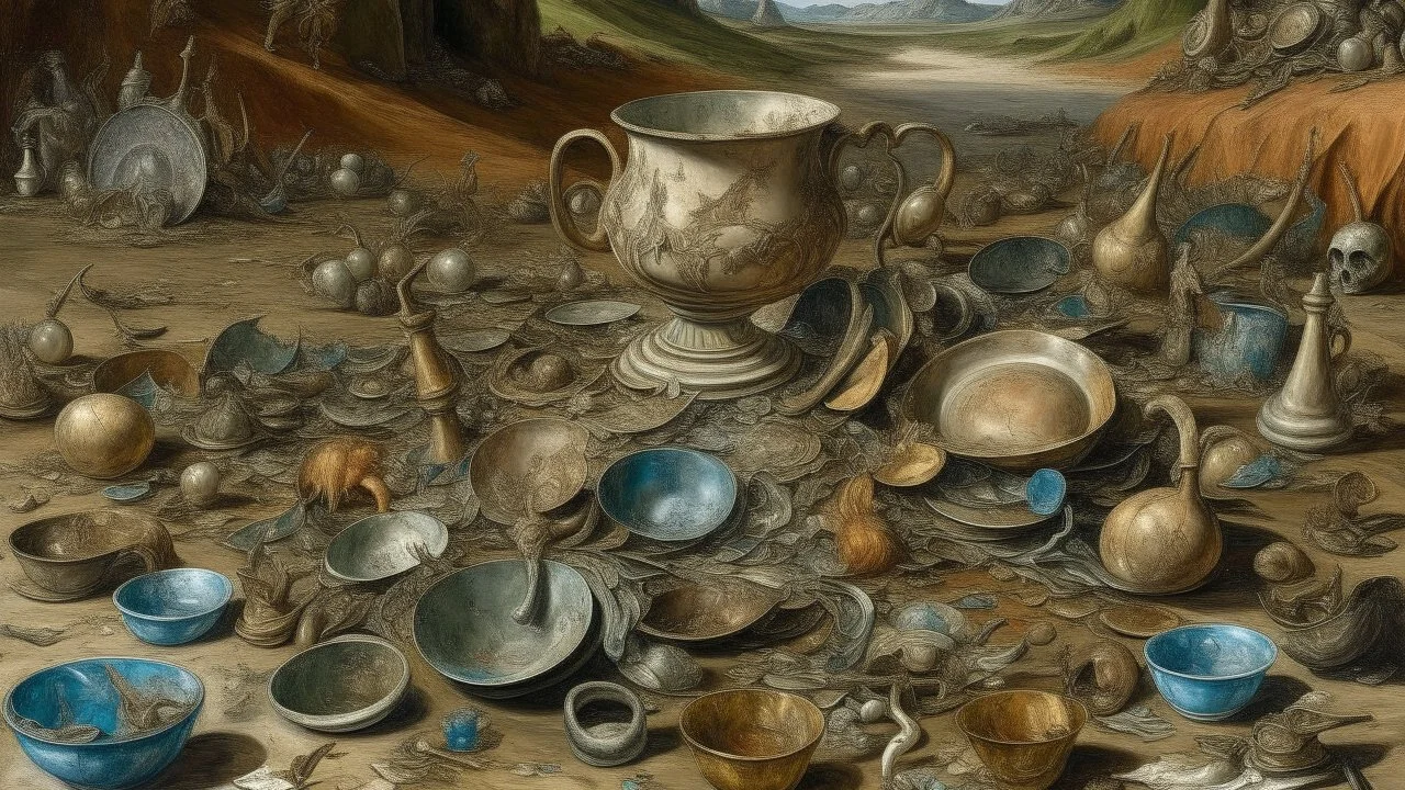 A bronze wasteland filled with broken pottery painted by Albrecht Durer