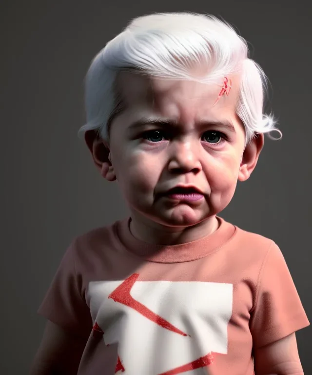 Pedro almodovar toddler, full body, white hair, dramatic lighting, hyper realistic