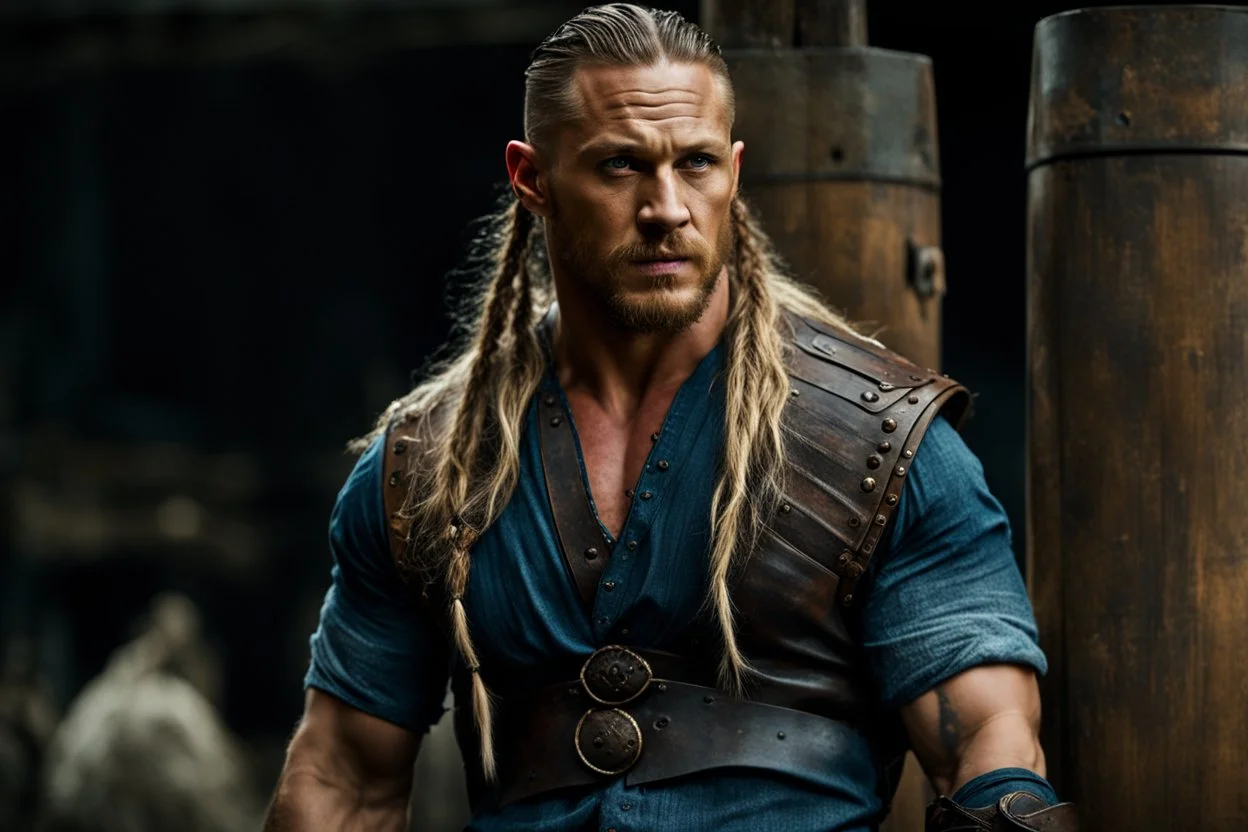 Tom Hardy as stunningly handsome viking, muscular, long blonde hair, male age 30, wearing jeans and a smart shirt, tan skin, tattoos,photorealistic 4k