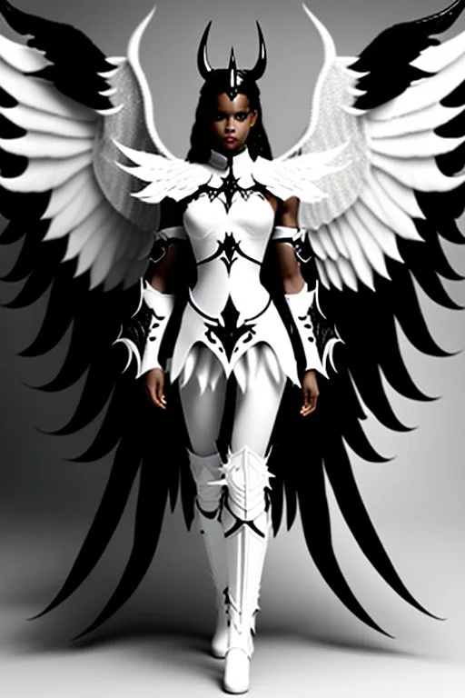 angel, demon, angel demon hybrid, half angel, half demon, black angel wings, white demon wings, black and white, balance, horns, armor, noble clothes, black and white armor, black and white clothes